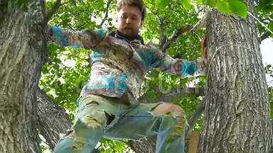 30岁穿衬衫的酷男人坐在树上