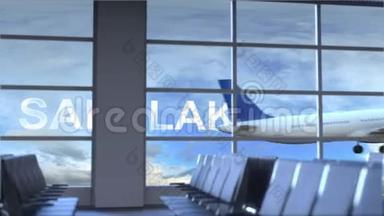 商务飞机降落在盐湖城国际机场。 前往美国的旅行概念介绍