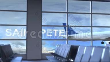 商业飞机降落在圣彼得堡国际机场。 前往俄罗斯概念介绍动画