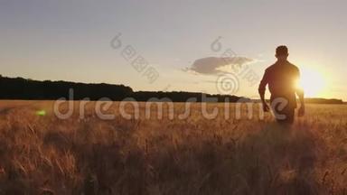 一个十几岁的男孩在日落时漫步麦田。 慢速视频，后视