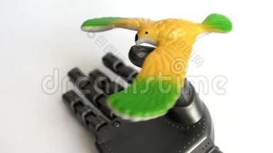 一只小鸟坐在机器人的手指上。