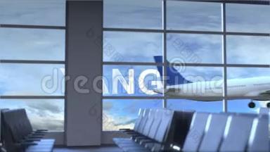 商用飞机降落在仰光国际机场。 前往缅甸概念介绍动画