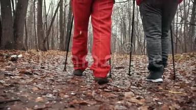 北欧人在秋季公园散步-两位高级女士接受<strong>户外</strong>、慢动作<strong>训练</strong>