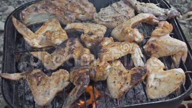 鸡翅和腿在烧烤架上做饭，特写.. 户外烹饪。