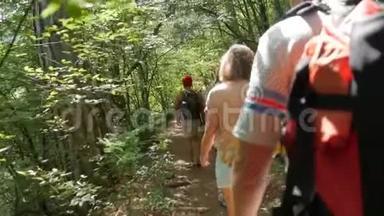 年轻的徒步旅行者朋友在森林的小径上行走。 带背包旅行的青少年的后后视图。 <strong>高清高清</strong>