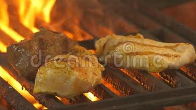 厨师用两个鸡肉片和一片小牛肉或牛肉在背景烤架上转动火钳来炸薯条