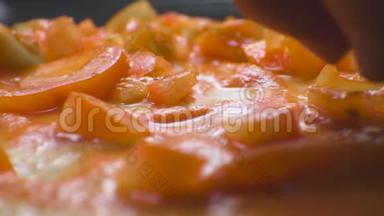 薄面团，番茄酱和番茄片。 录像特写