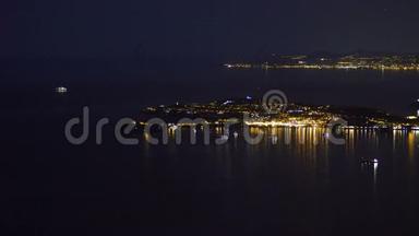 摩纳哥港口夜景，国际游艇展览场地，空中拍摄