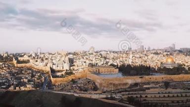 以色列耶路撒冷老城全景。 从橄榄山到阿克萨，圣殿山，岩石圆顶，右转