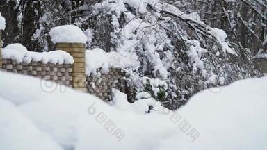 一道美丽的冬景，一览白雪覆盖的乡间小屋.. 篱笆和树都在雪地里。