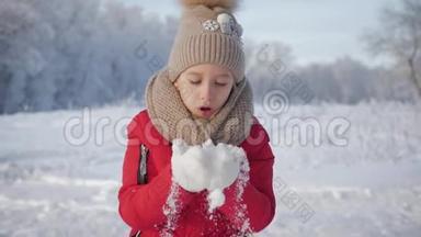 快乐的年轻女孩玩得开心，在美丽的冬日享受新鲜的雪。 戴着温暖手套的女孩吹雪。 户外活动