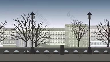 动画背景。 有建筑物、树木和灯柱的欧洲城市街道。 平动画，<strong>视差</strong>.. 录像。