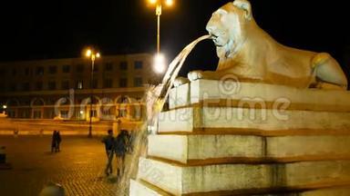在罗马最美丽的广场广场广场上，一头狮子从嘴里喷出水来，这是一个夜晚的镜头