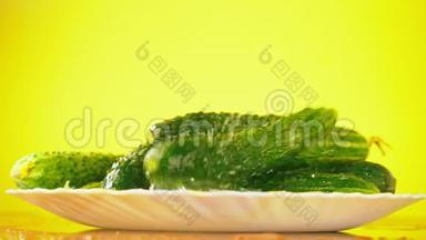 新鲜的黄瓜在盘子上<strong>落下水滴</strong>。 营养的概念.. 在黄色背景<strong>下</strong>，减速