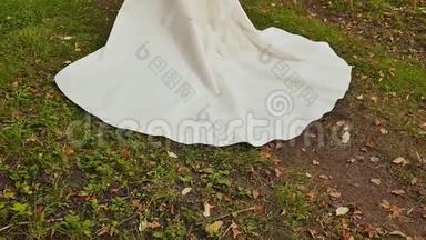 草地上新娘的婚纱。 特写镜头。 结婚纪念日。