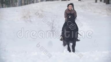 美丽的长发女骑手狂野而<strong>快速地</strong>骑着黑马穿过雪<strong>地</strong>，狗在附近奔跑，慢动作。
