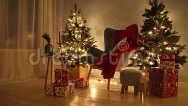 装饰圣诞房高清<strong>视频</strong>.. <strong>圣诞树</strong>和礼物。 闪闪发光的花环
