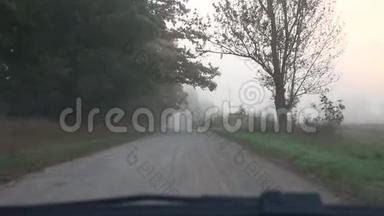 车驶过乡村碎石路秋色树间浓雾.. 4K