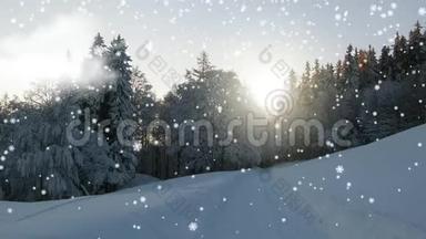 带夜空和日落的冰冻景观。 雪花落在冬天的风景上。