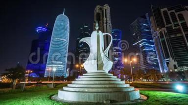 <strong>卡塔尔</strong>多哈标志纪念碑，高楼大厦，中东市中心的夜晚灯光