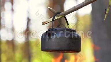 一个拿着柴火和斧头的徒步旅行者走近烧水壶的炉火