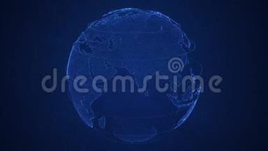 双星蓝色3D行星地球构造的数字旋转。 旋转地球，闪耀着二元大陆。 哈德行星