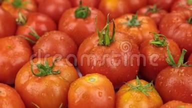 <strong>旋转</strong>，特写，水滴落在成熟的红色Tomatos上..
