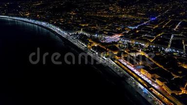 4尼斯法国海滨长廊、地中海和机<strong>场景</strong>观的鸟瞰图。 法国城市夜景。 <strong>夜晚</strong>
