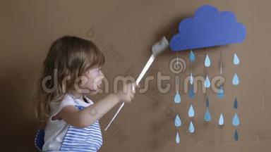 概念<strong>描述</strong>。 灰色背景下的小女孩玩落状和云