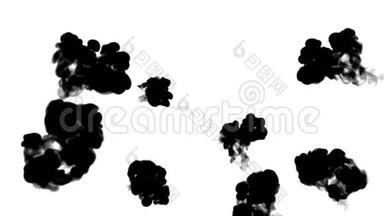 大量的黑色墨水流动在白色上缓慢移动，墨水或烟雾注入。 书写墨水在水中流动的墨水