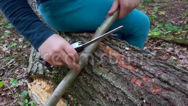 小女孩或男孩用瑞士刀在森林里锯一块木头，没有人