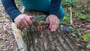 小女孩或男孩用<strong>瑞士刀</strong>在森林里锯一块木头，没有人