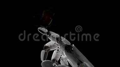 机器人手和蝴蝶在黑色背景上。 美丽的三维动画。 4K