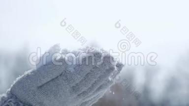 快乐的年轻女人在美丽的冬日玩得开心，享受新鲜的雪。 戴着温暖手套的女孩吹雪。 户外活动