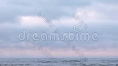 薄雾和雾气笼罩着海面.. 美丽的海景，粉红色的<strong>日</strong>落和蓝色的云彩。