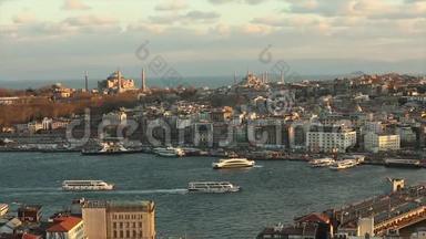 从加拉太塔到伊斯坦布尔的宽框架。 哈吉亚伊斯坦布尔蓝色清真寺历史街区<strong>总计</strong>划