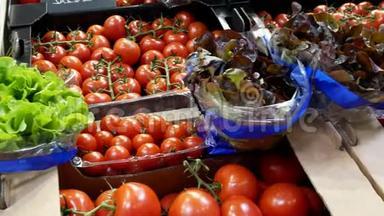 市场柜台上新鲜水果和蔬菜的大选择。