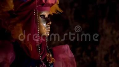 金色叶子威尼斯人面具，传统嘉年华威尼斯人面具，神秘色彩美丽的年轻女子威尼斯人面具