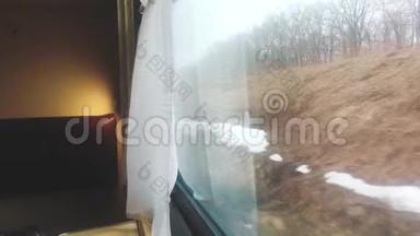 室内货车冬雪林窗外铁路车厢内一辆火车车厢. 概念火车旅程