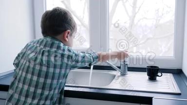 家里的日常生活，小男孩在窗户的背景<strong>下</strong>在<strong>水槽</strong>里洗餐具