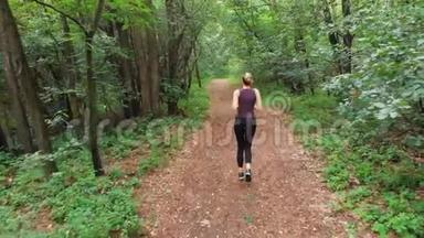 从后面的鸟瞰到在松树林中沿着小径奔跑的年轻女子