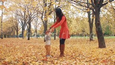 年轻漂亮的妈妈把她可爱的小儿子转过来，牵着她的手，在秋天公园慢莫