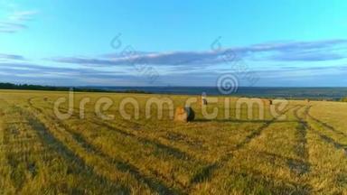 母亲带着女儿坐在夕阳下的田园上的<strong>草垛</strong>上。