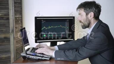 交易员看着货币<strong>兑换</strong>图表的变化，看着笔记本电脑。 在证券交易所工作。