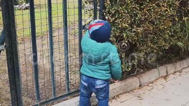 小男孩靠在门上，用<strong>金属棒</strong>。 白人孩子正试图走出封闭的院子。 自由主题。 慢慢