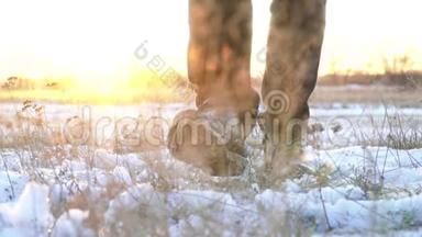 一个穿着黑色靴子在夕阳下的雪地里行走的人的腿