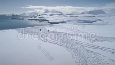 南极洲企鹅漫步雪边空中