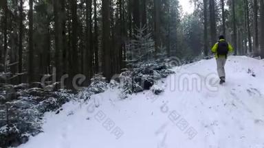 喀尔巴阡山脉冬季森林中游客<strong>散步</strong>的鸟瞰图。 4k<strong>视频</strong>