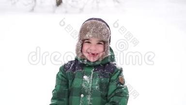 美丽的欢乐学龄前男孩与雪<strong>玩乐</strong>。 冬季仙境