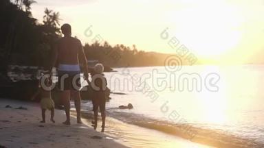父亲和<strong>孩子</strong>们在美丽的夕阳下在海滩上散步。 爸爸<strong>牵着孩子</strong>们`手。 慢动作。 旅行假期